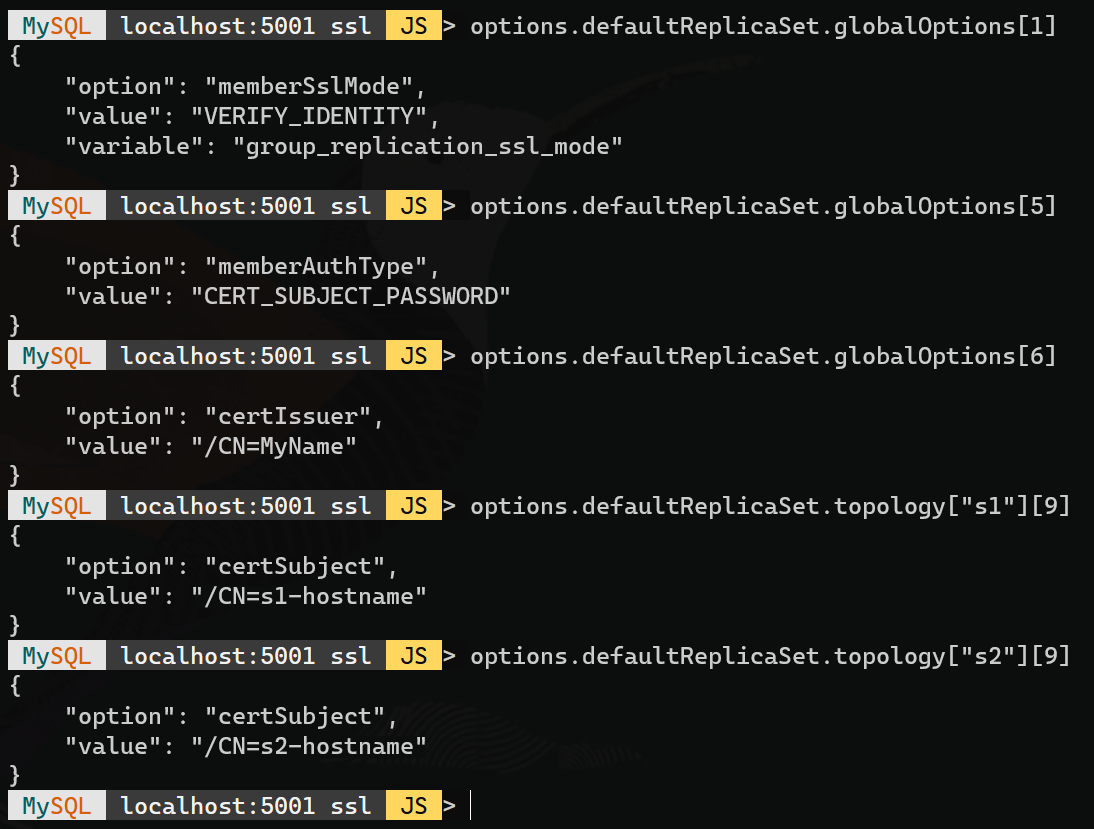 MySQL AdminAPI SSL cluster options