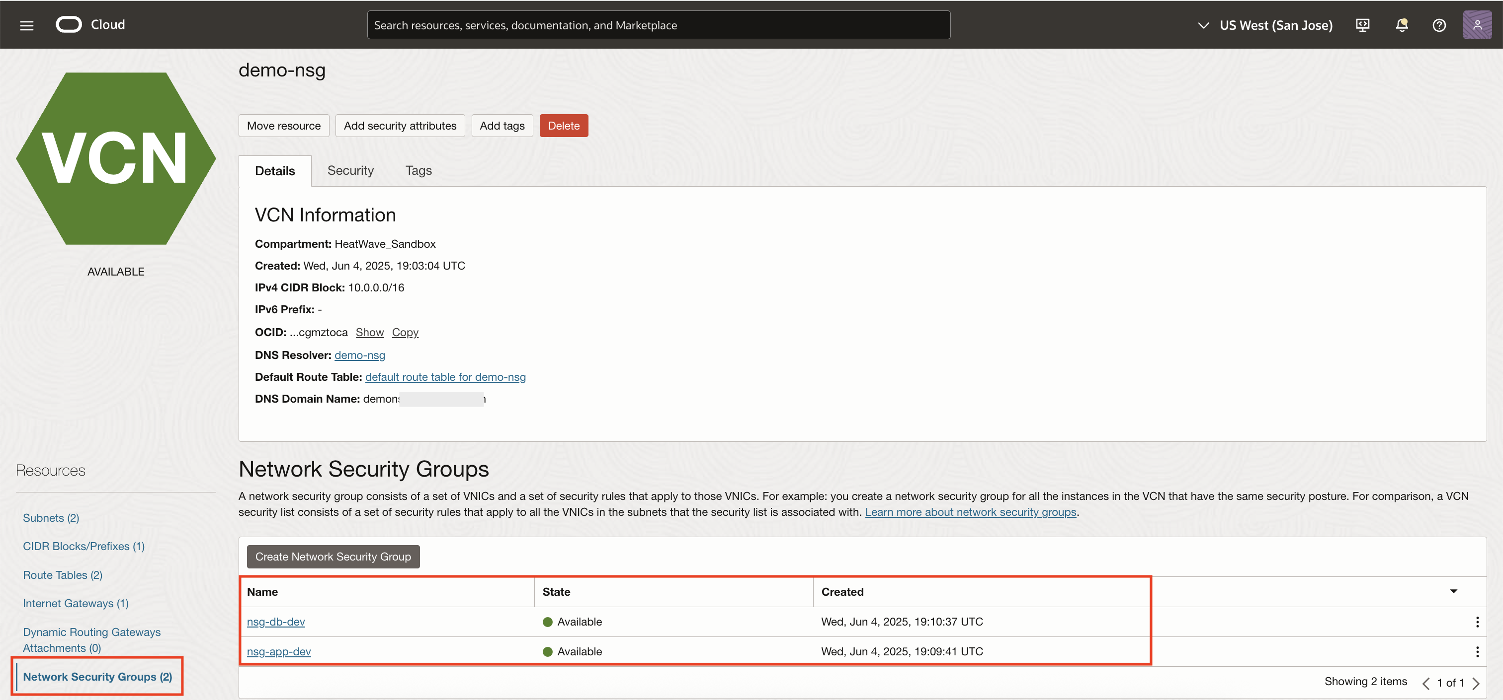 NSG creation showing nsg-app-dev and nsg-db-dev
