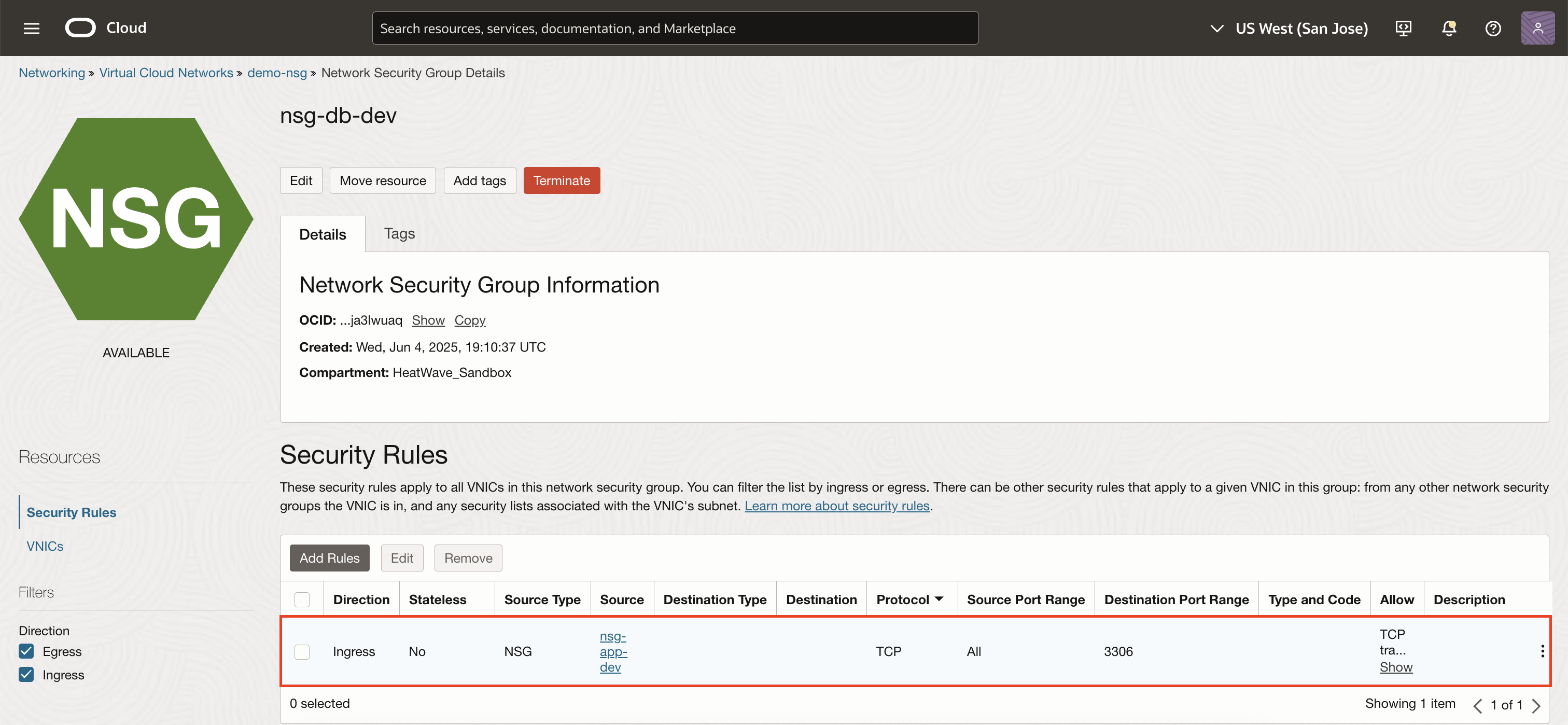 NSG rules in nsg-db-dev