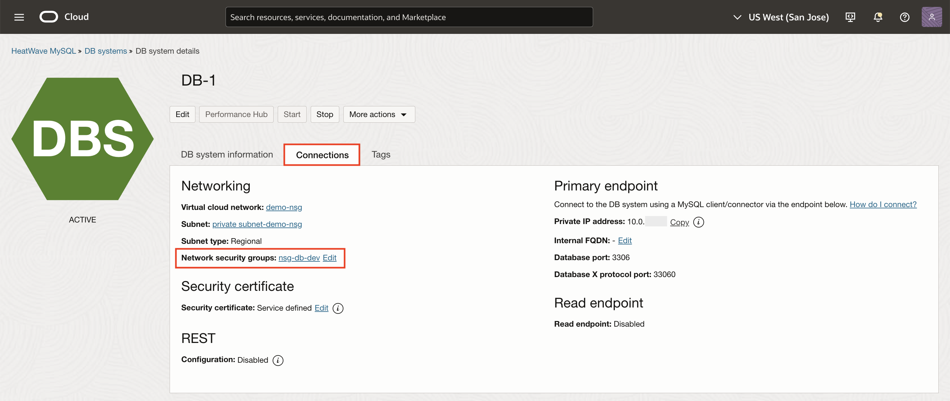 HeatWave MySQL DB system showing nsg-db-dev attached
