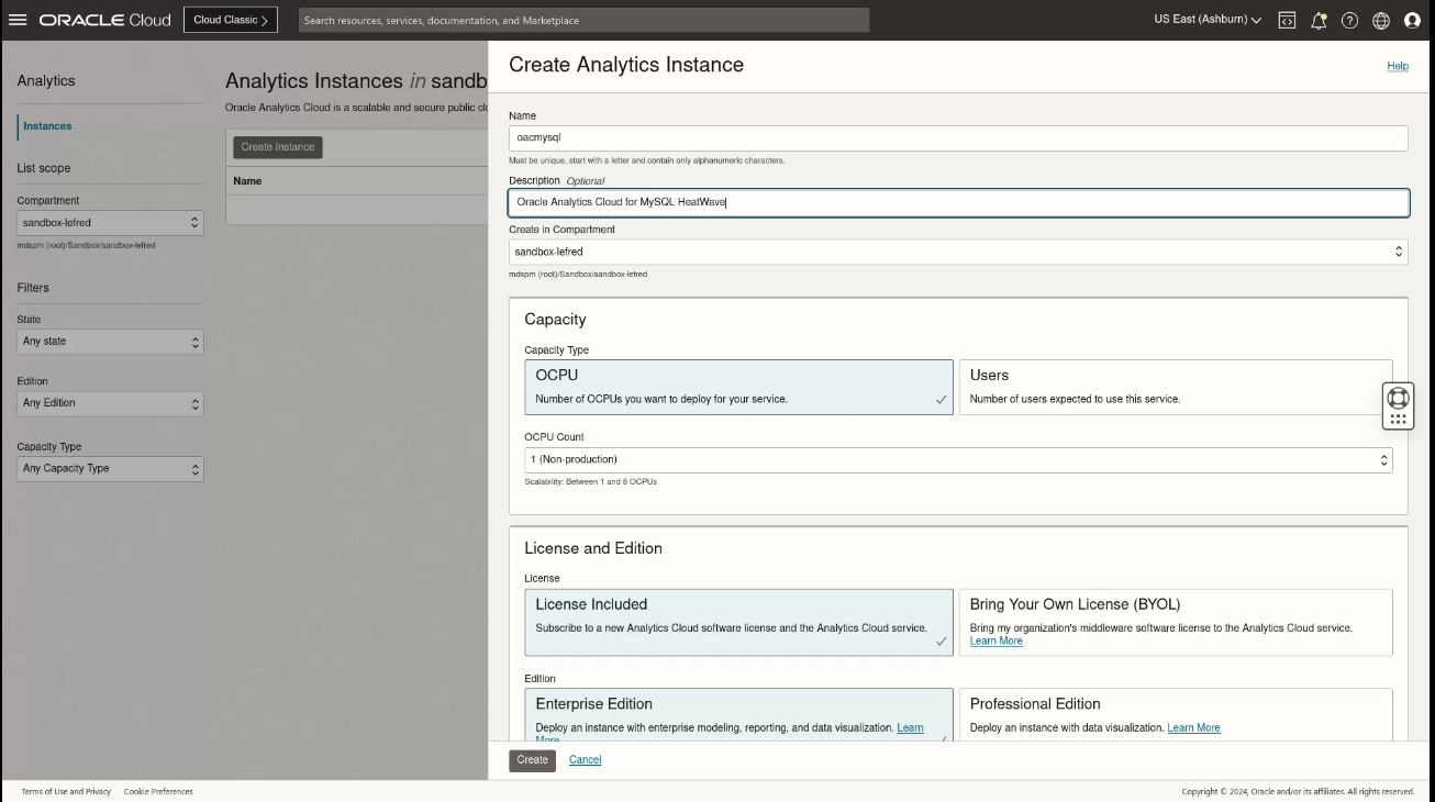 OAC new instance details