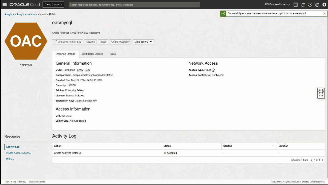 OAC - new instance creating...