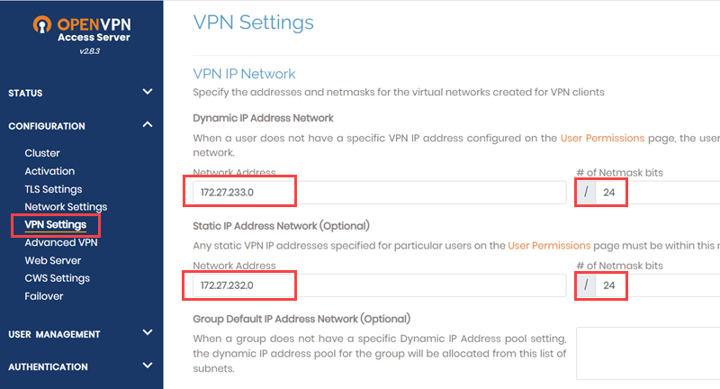 OpenVPN configuration settings