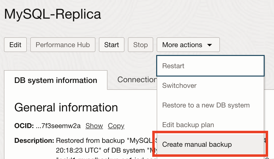 Taking a Manual Backup (DB system details)