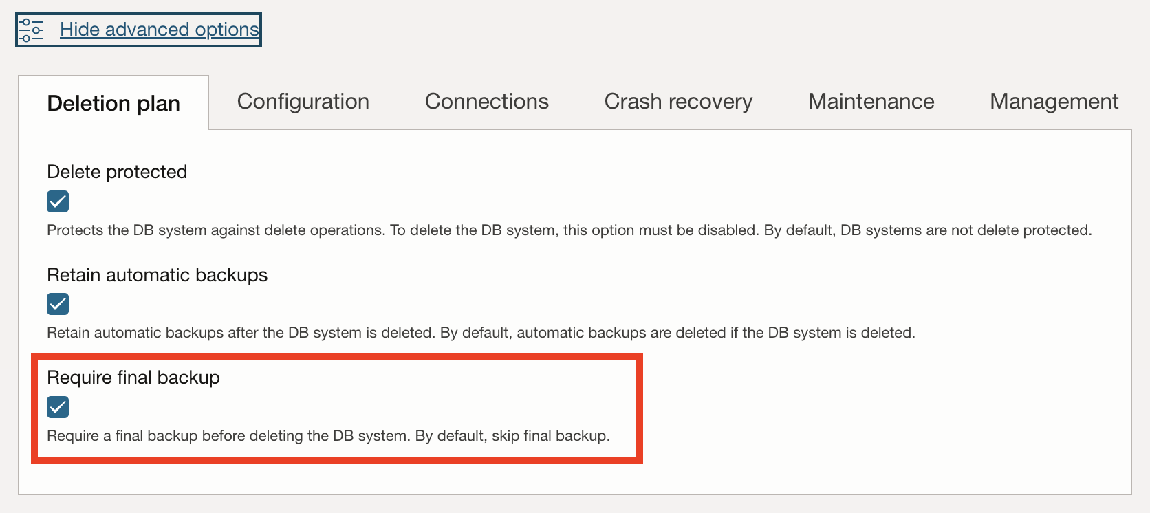Enable Final Backup (DB system create)