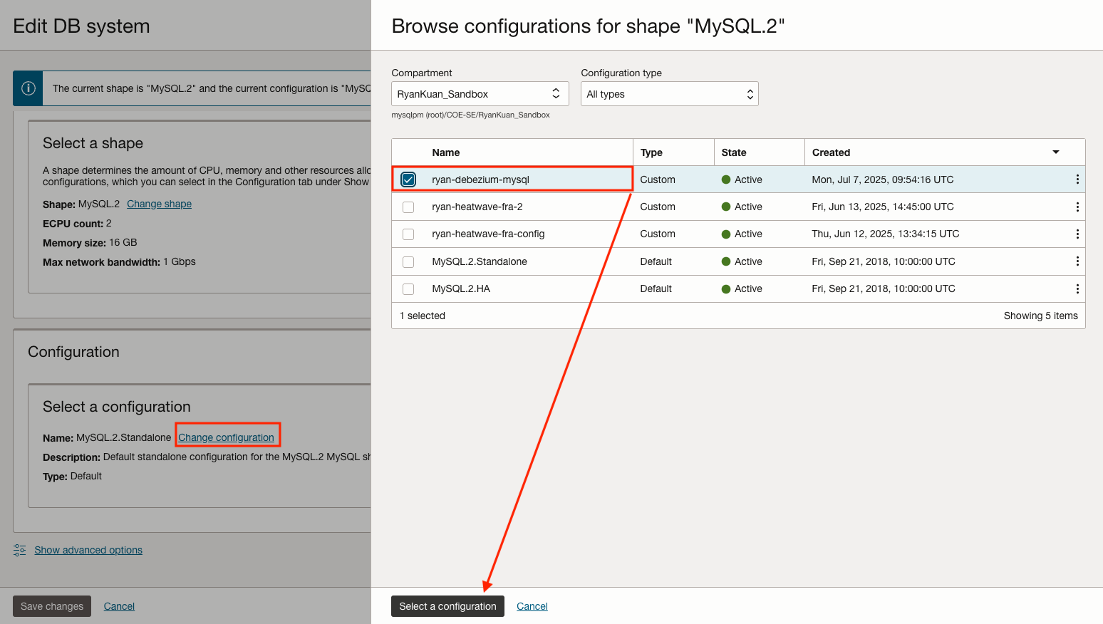 Select the new configuration