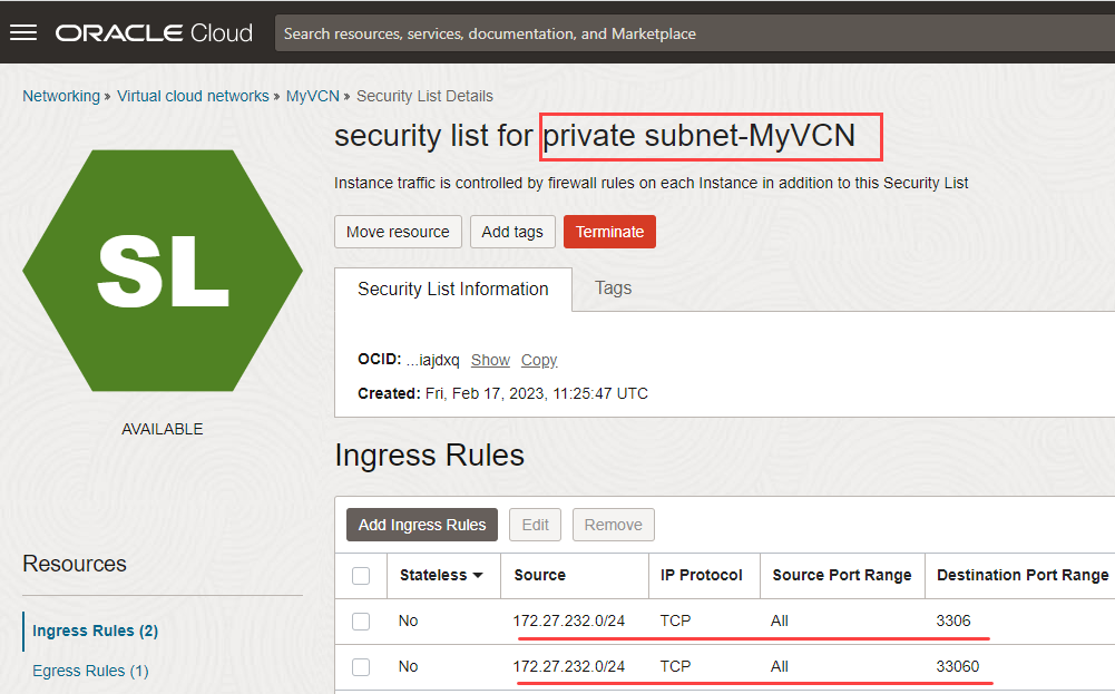 Security list private subnet