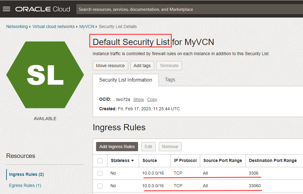 Security list public subnet