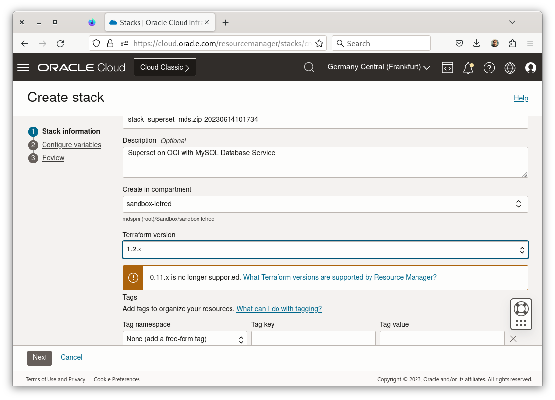 Superset - Create Stack: Terraform version