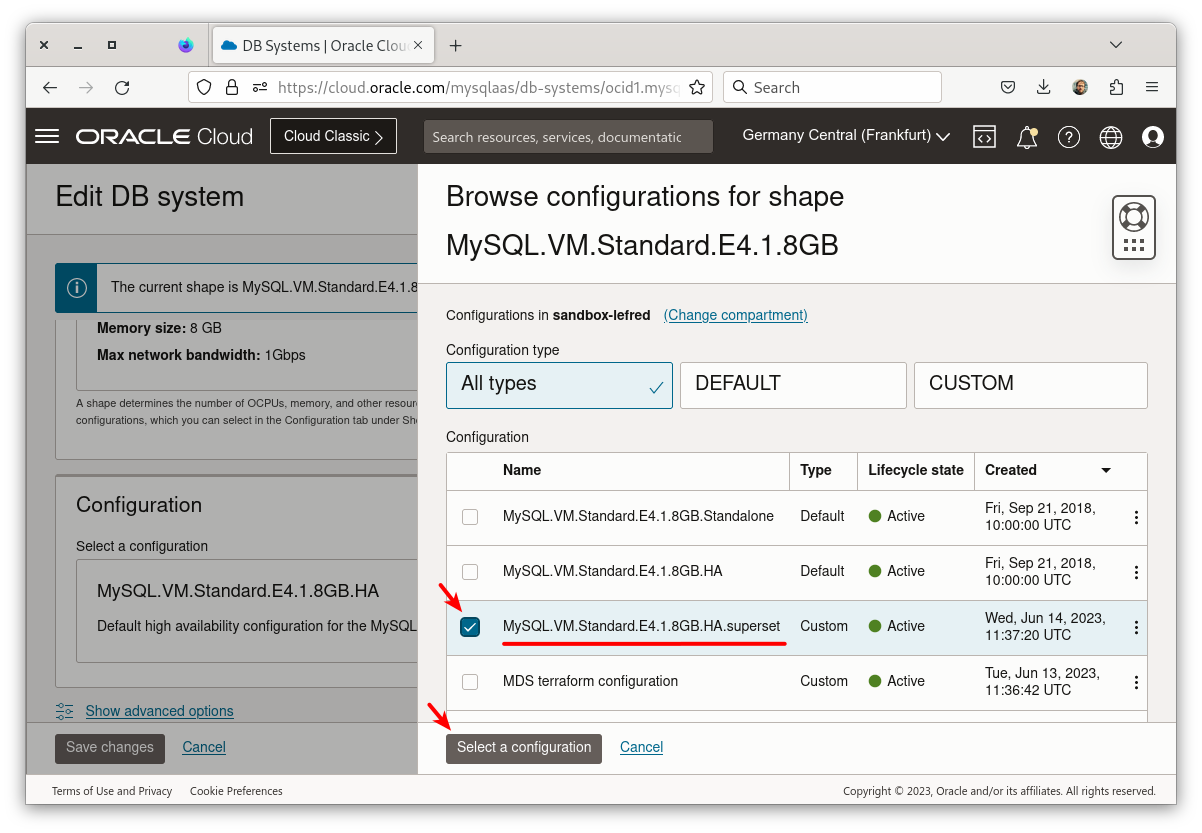 DB System - change configuration