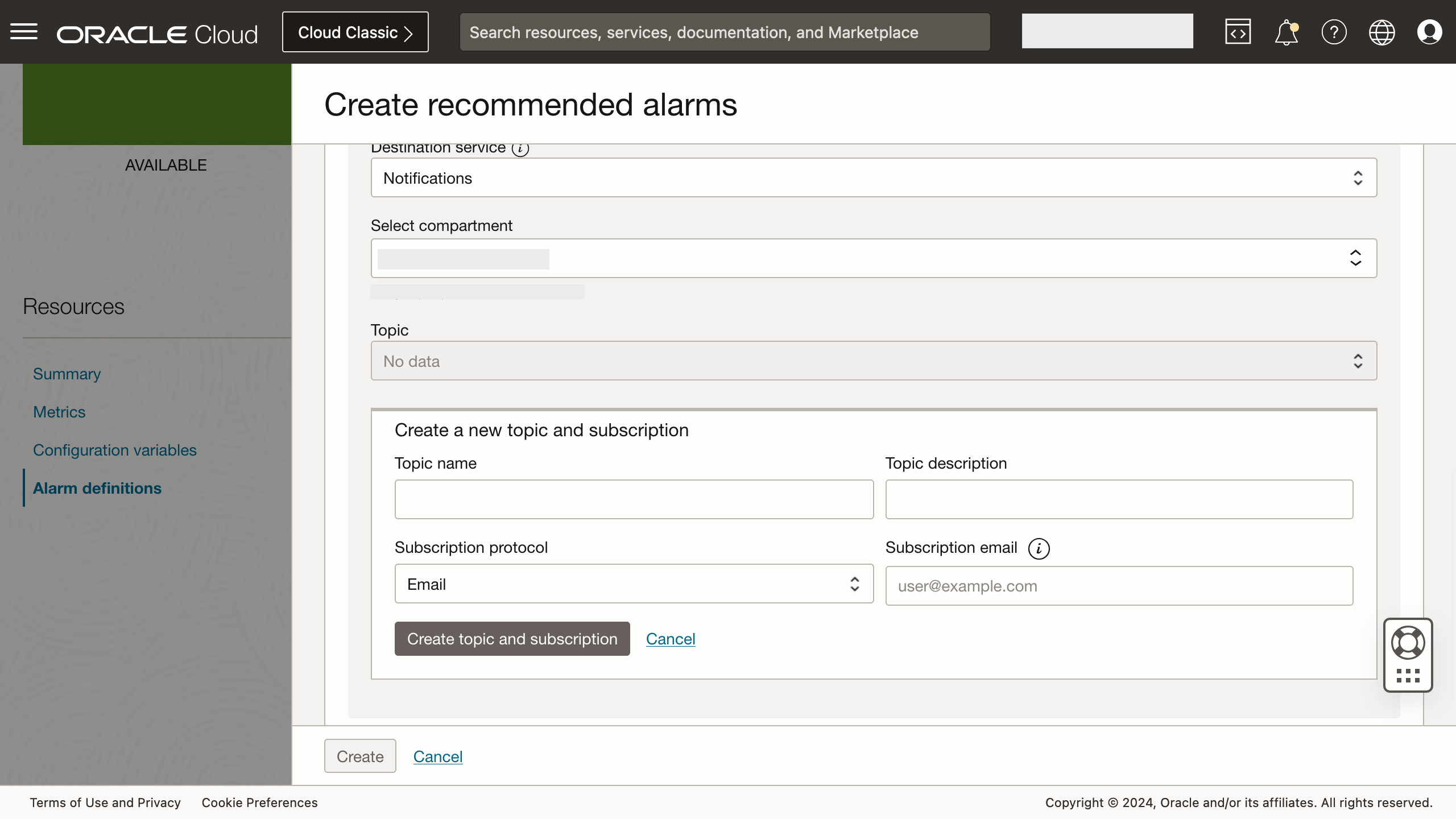 Figure 5: Option to create a new topic and subscription in the Create recommended alarms panel