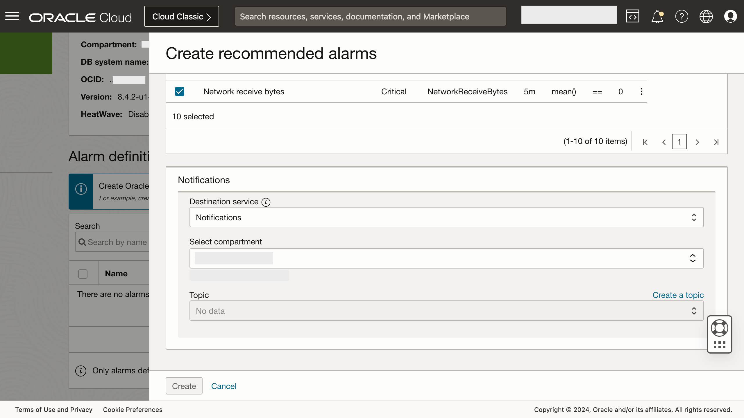 Figure 4: Notifications section in the Create recommended alarms panel
