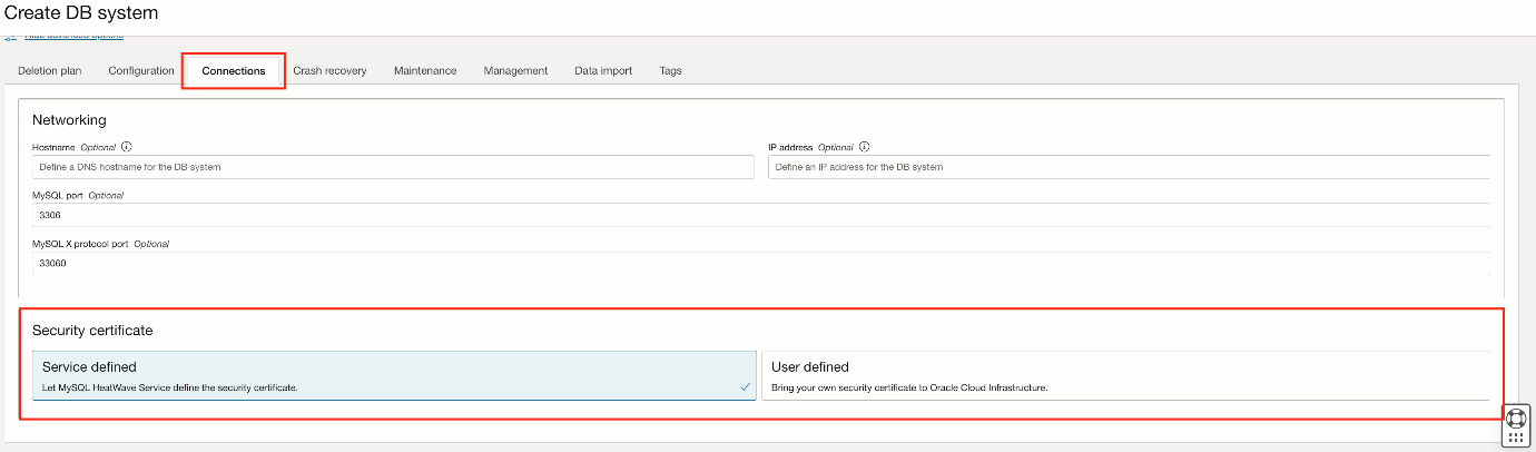 Figure 2: Connections tab, Service defined selected