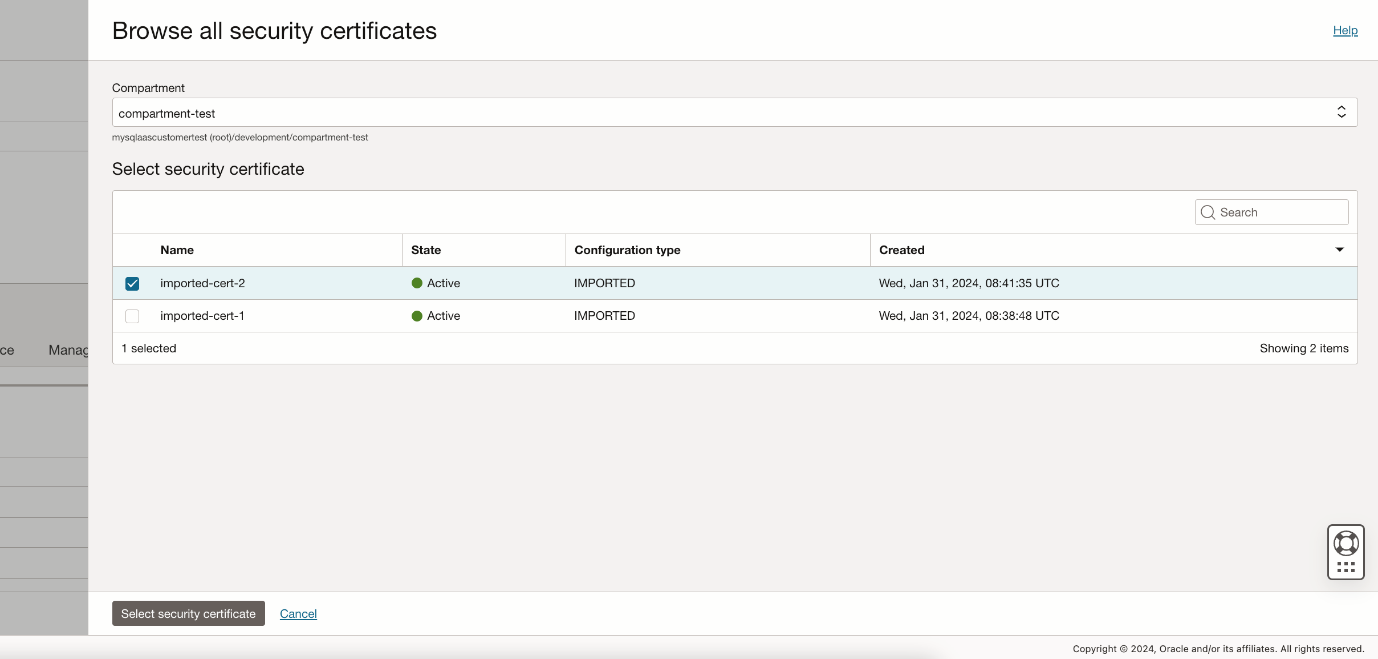 Figure 4: Browse certificates by compartment