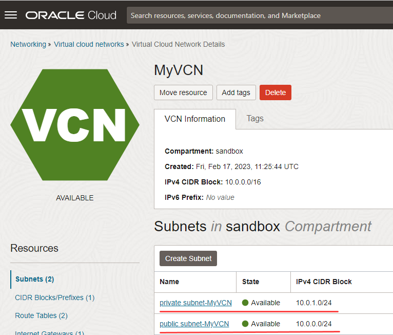Private and public subnet of the VCN