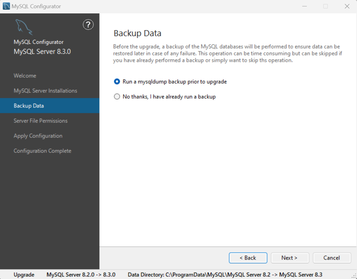 Backup Data configuration page