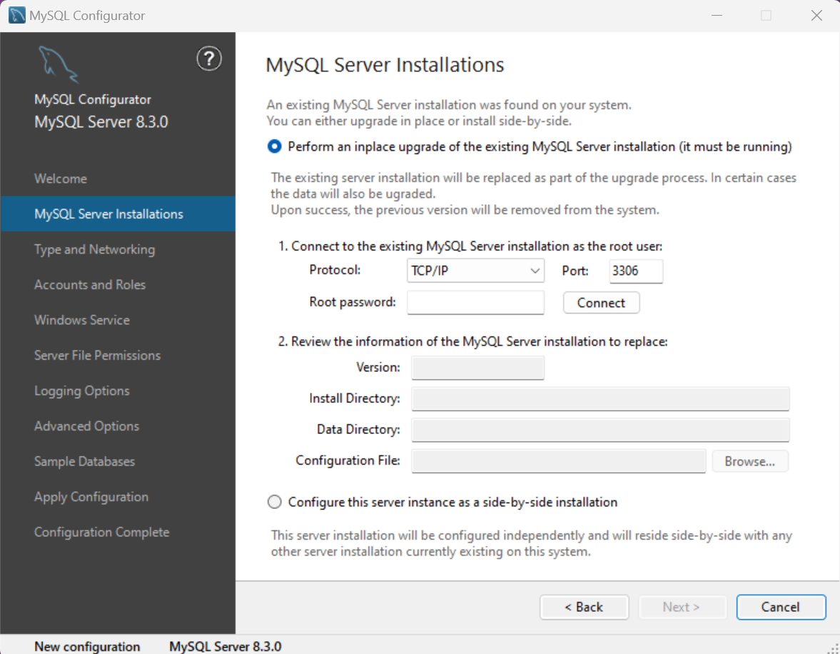MySQL Server Installations configuration page