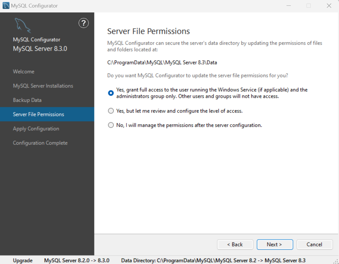 Server Files Permissions configuration page