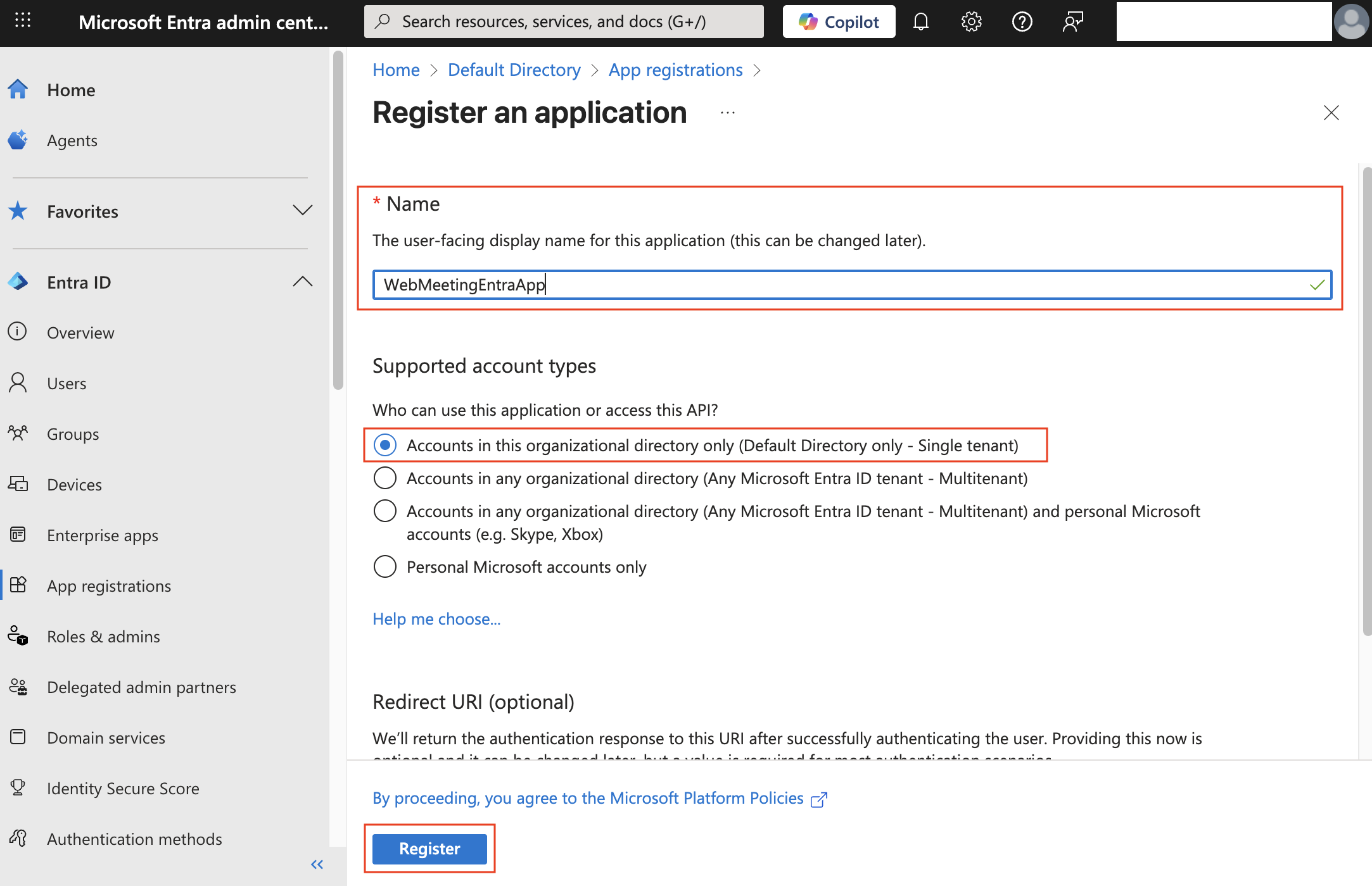 Microsoft Entra New Application