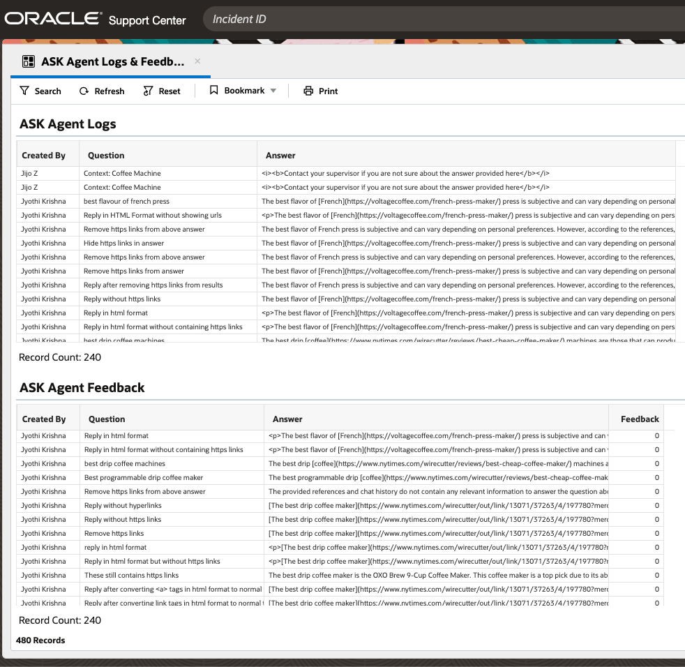 Administrator can view ASK Agent Logs & Feedback