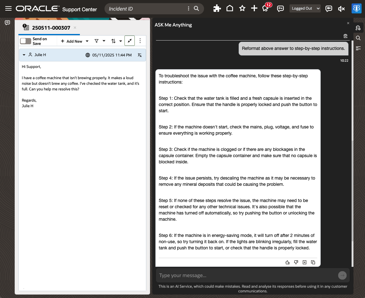 ASK Me Anything panel responds with a simplified, step-by-step troubleshooting guide: