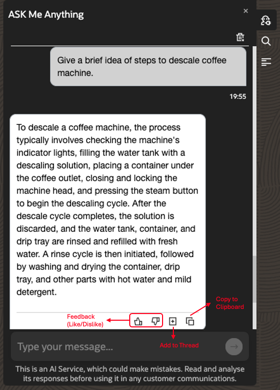 Copy to Clipboard, Add to Thread & Feedback opions for ASK Agent answers