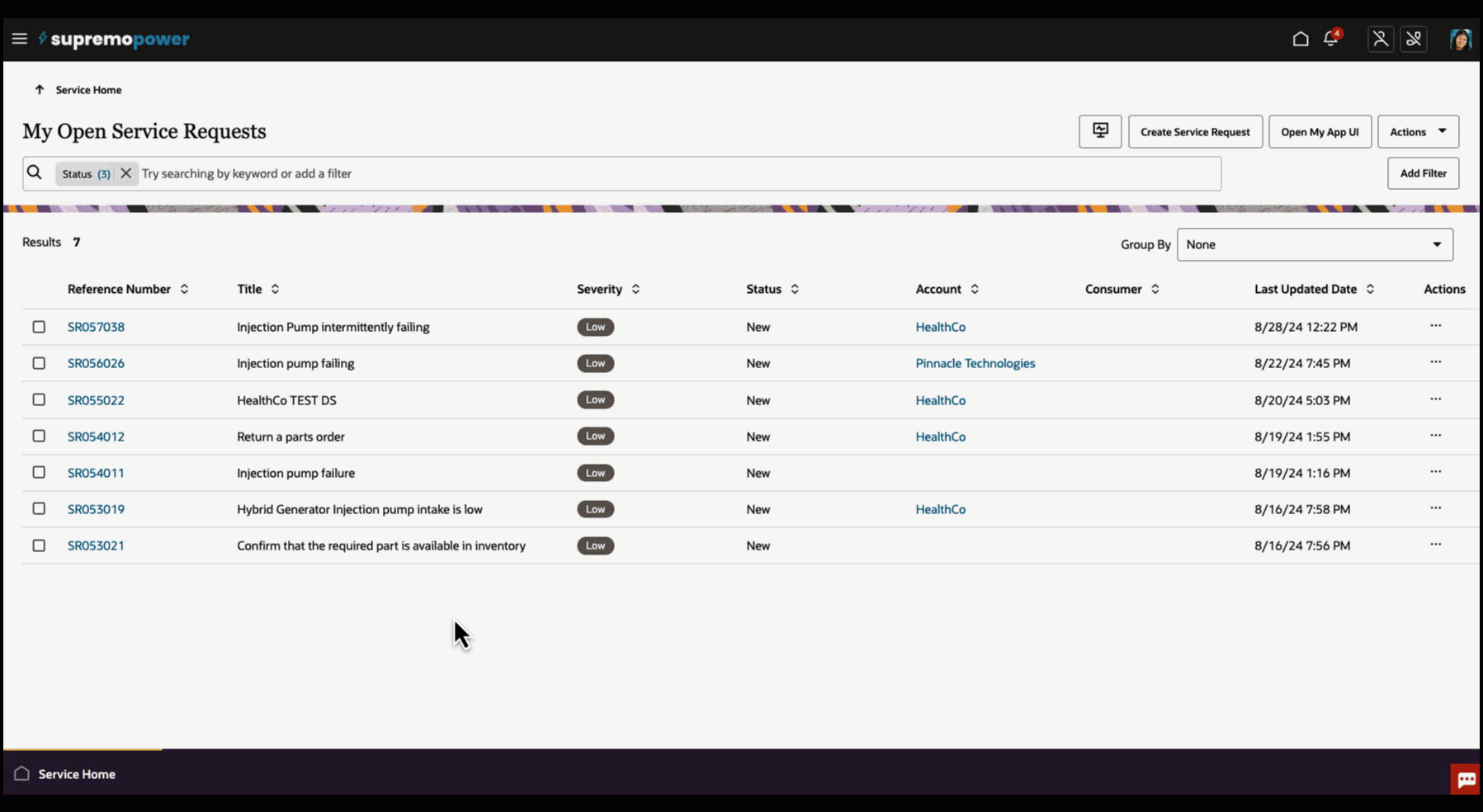 Service Console Standard Navigation in Service Request Landing Page