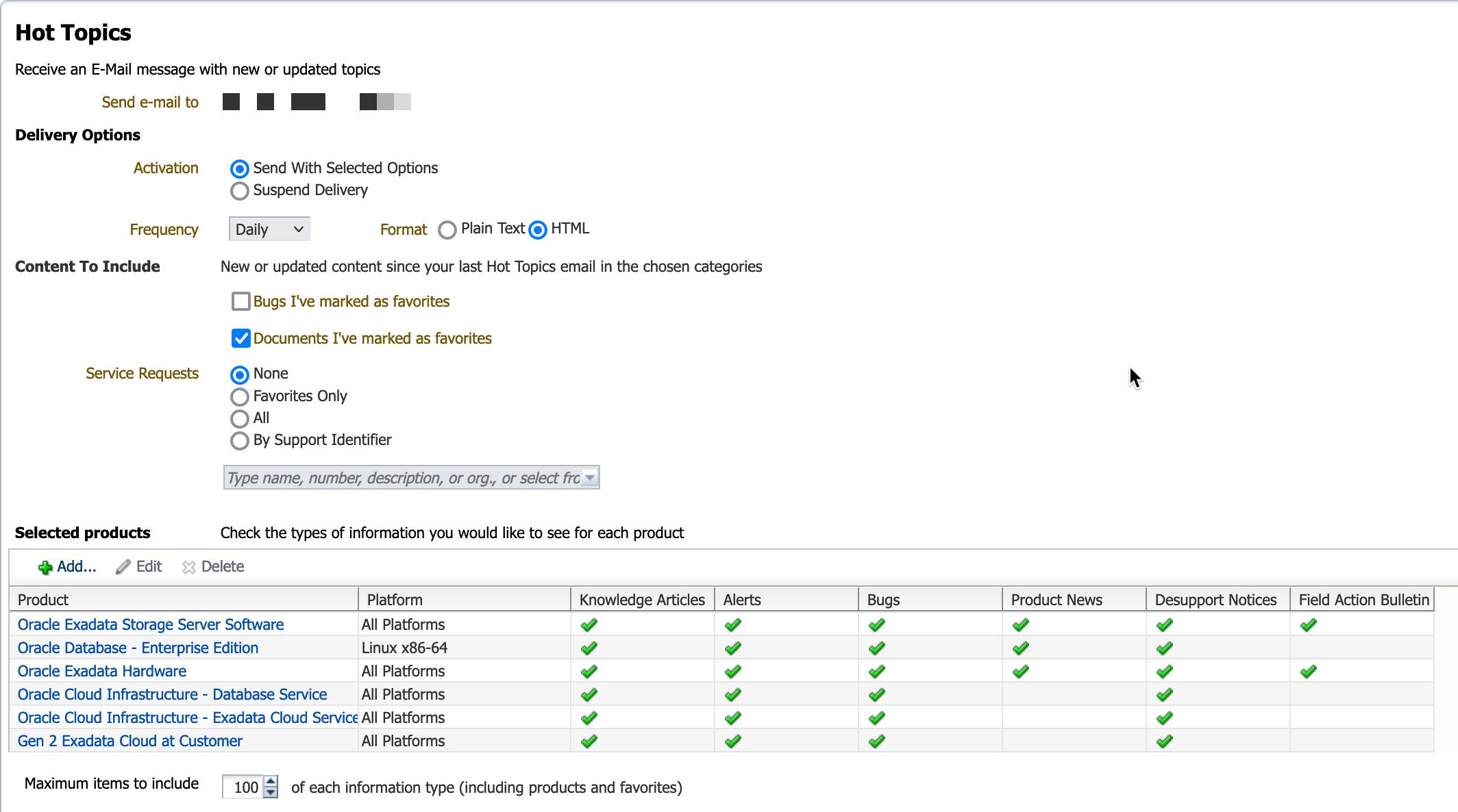 My Oracle Support Hot Topics E-Mail Settings