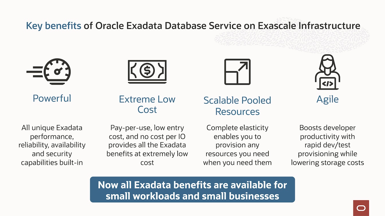 Exadata Database Service on Exascale Infrastructure benefits - Exadata Power, Cost Effectiveness, Scalable Resource Pools, and Agility