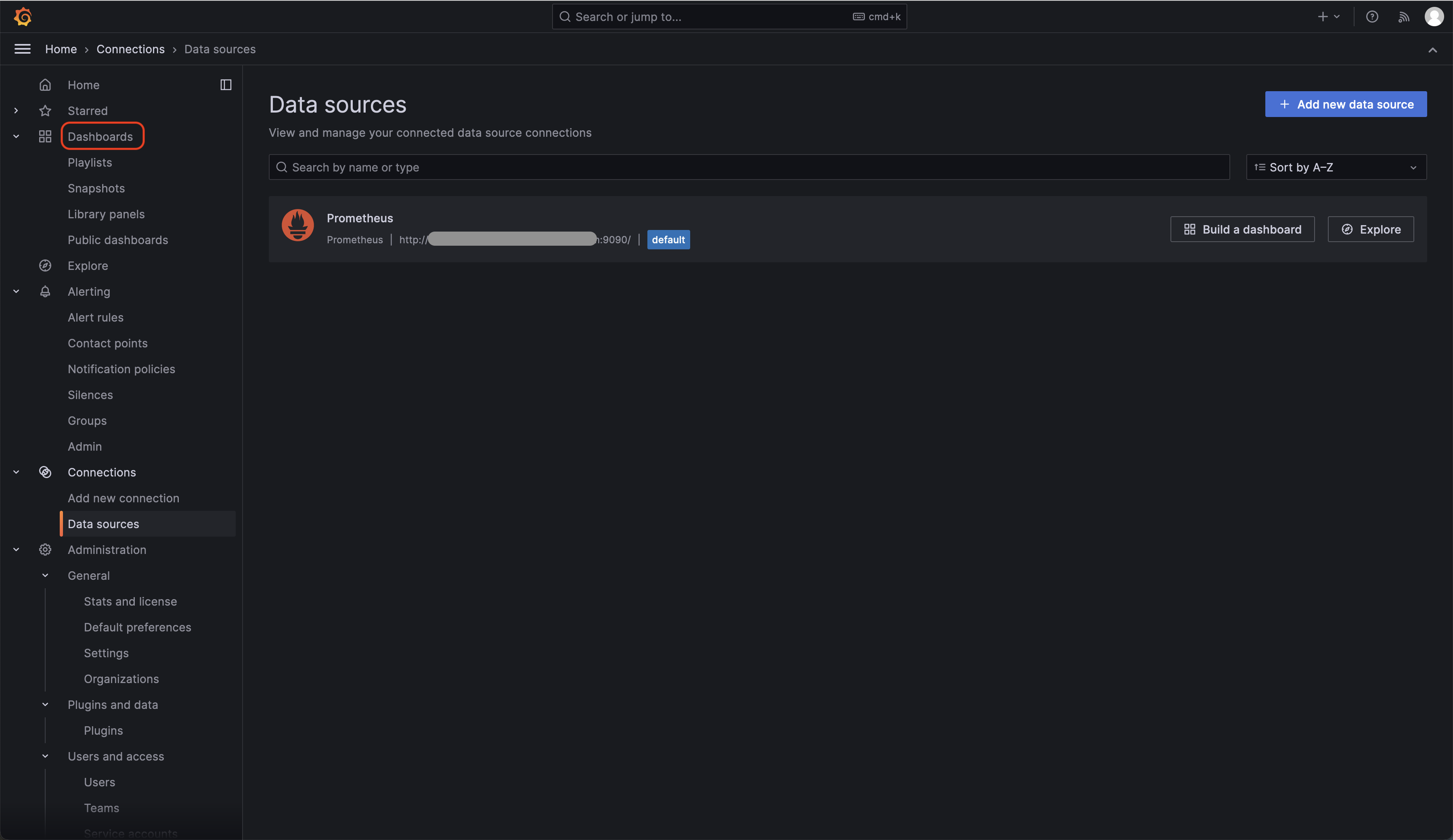 Grafana data sources page with Dashboard navigation highlighted