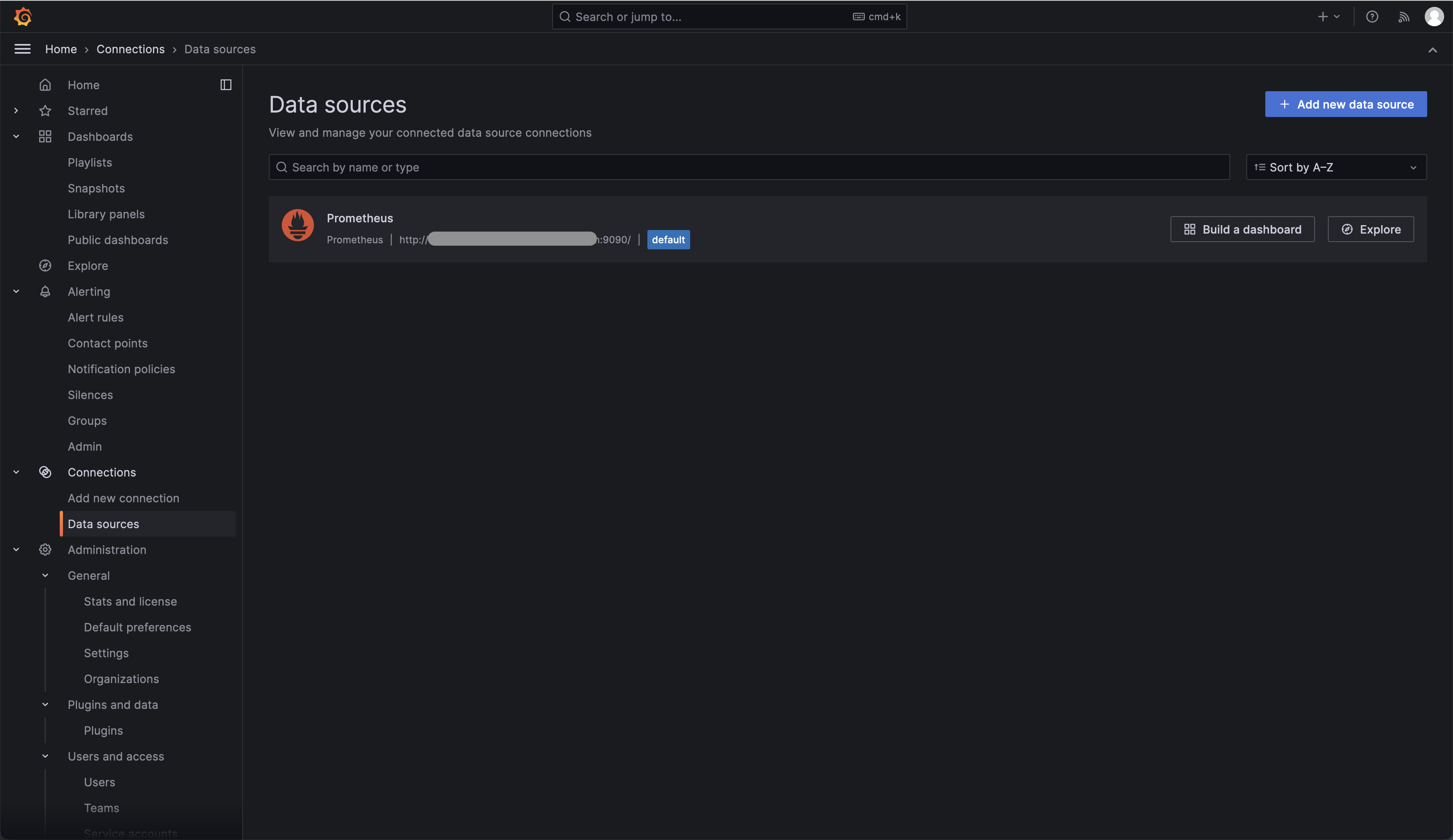 Grafana Data Sources page with pre-defined Prometheus data source