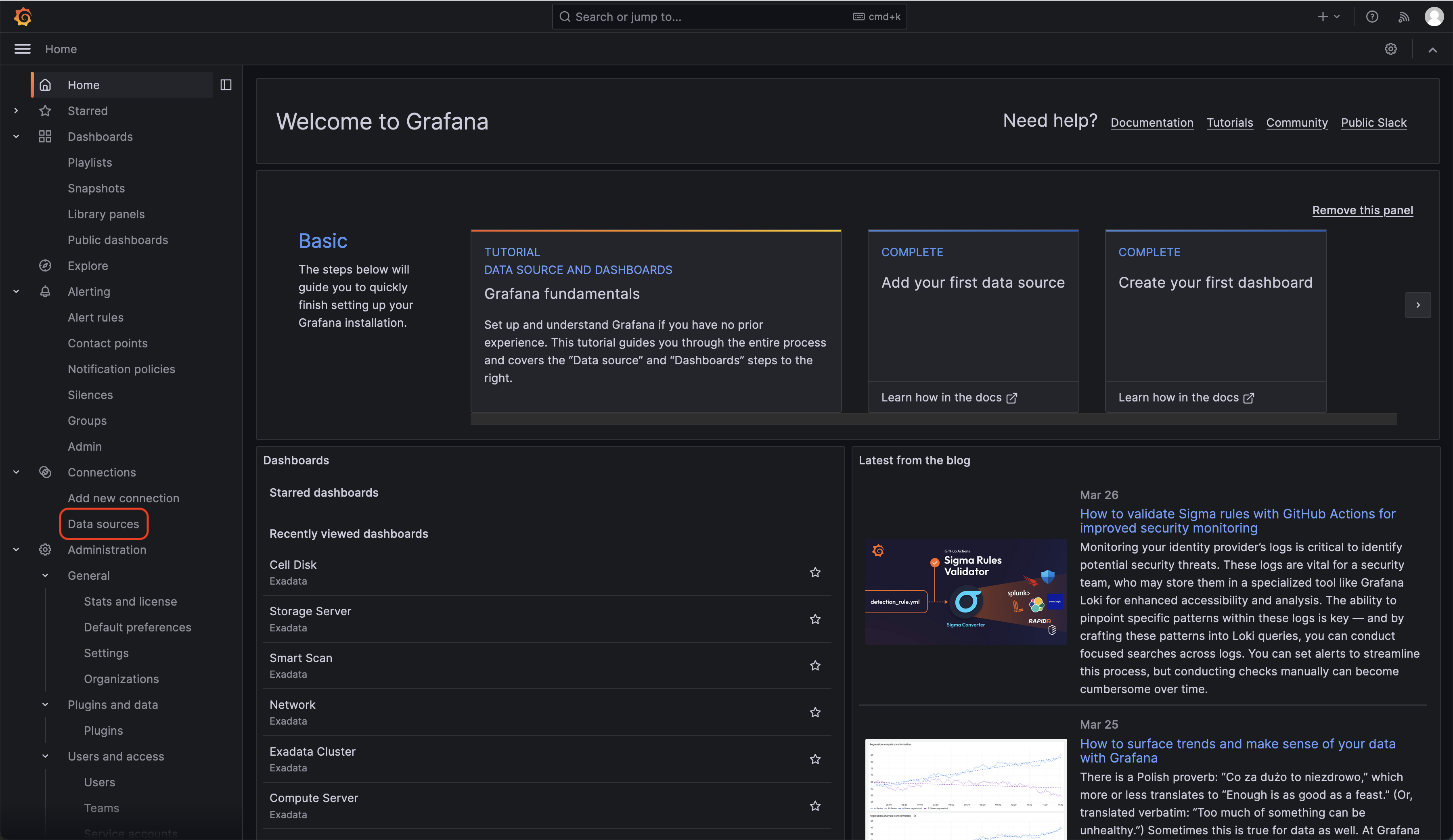 Grafana home page with Exadata Dashboards provisioned
