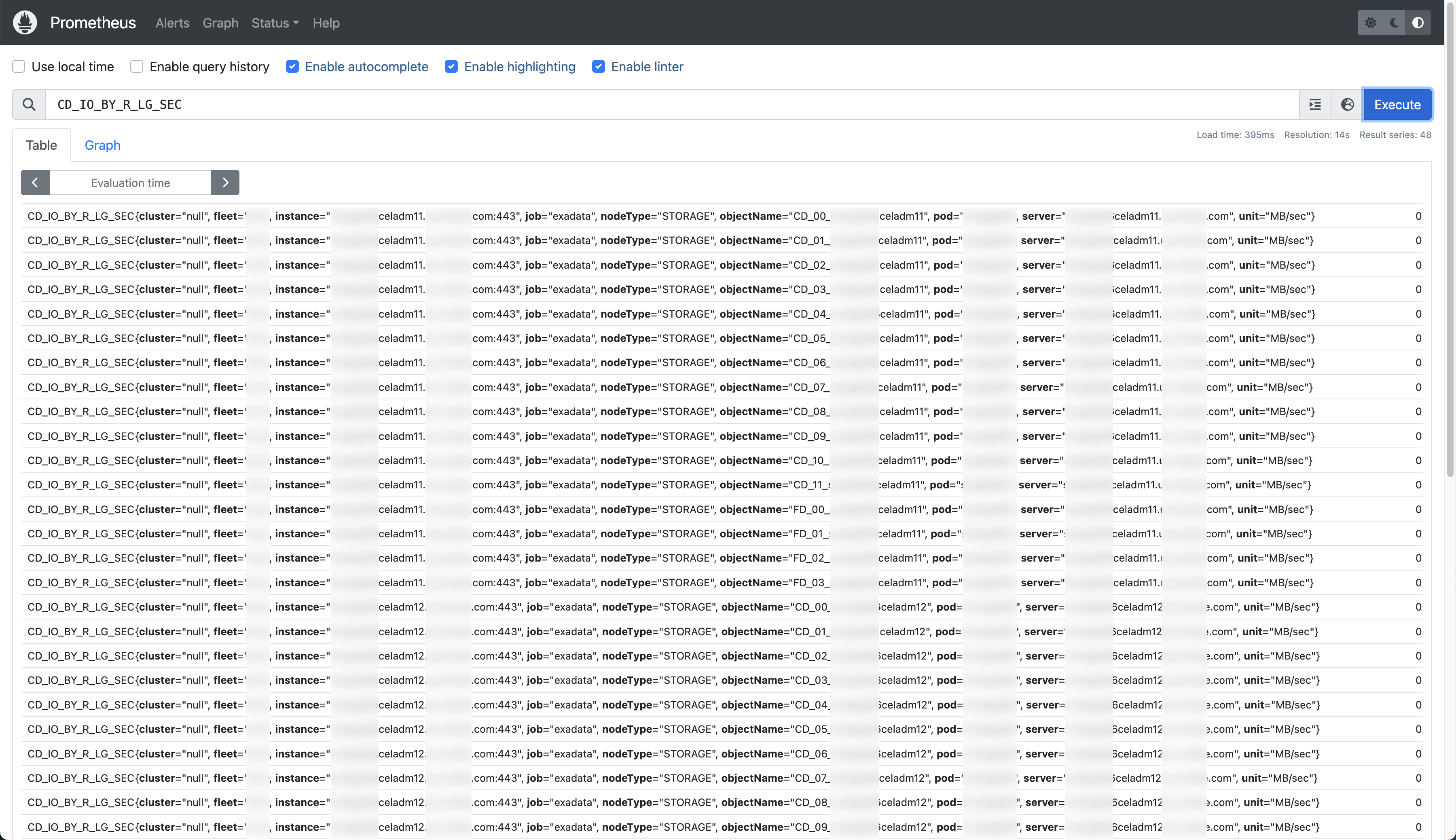 Prometheus home page showing Exadata Metrics being collected