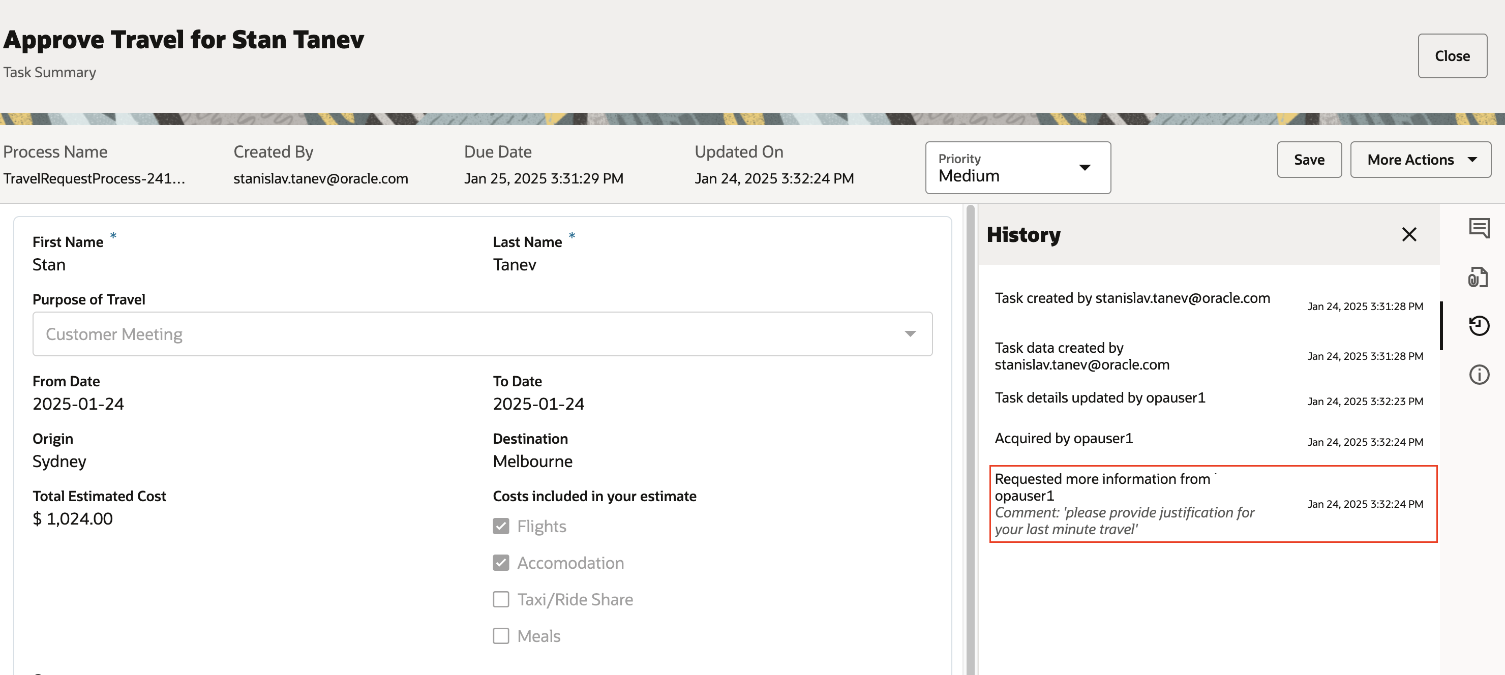 Task History now shows comments alongside task actions
