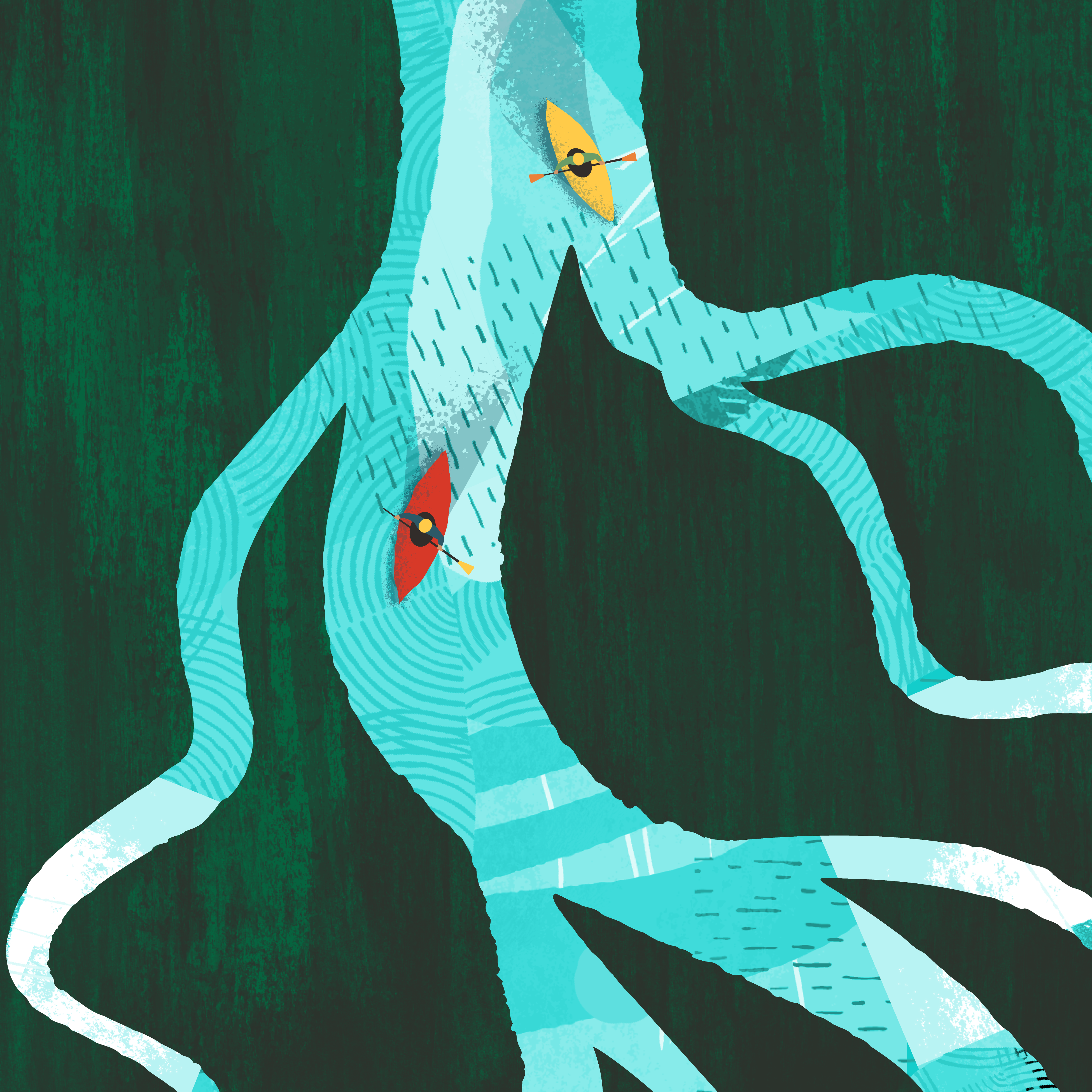 Two kayaks float down a river with many distributaries 