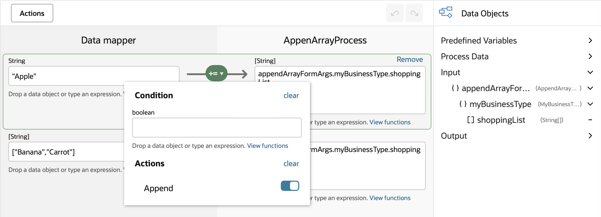 Above: Using the Append array feature in a data association