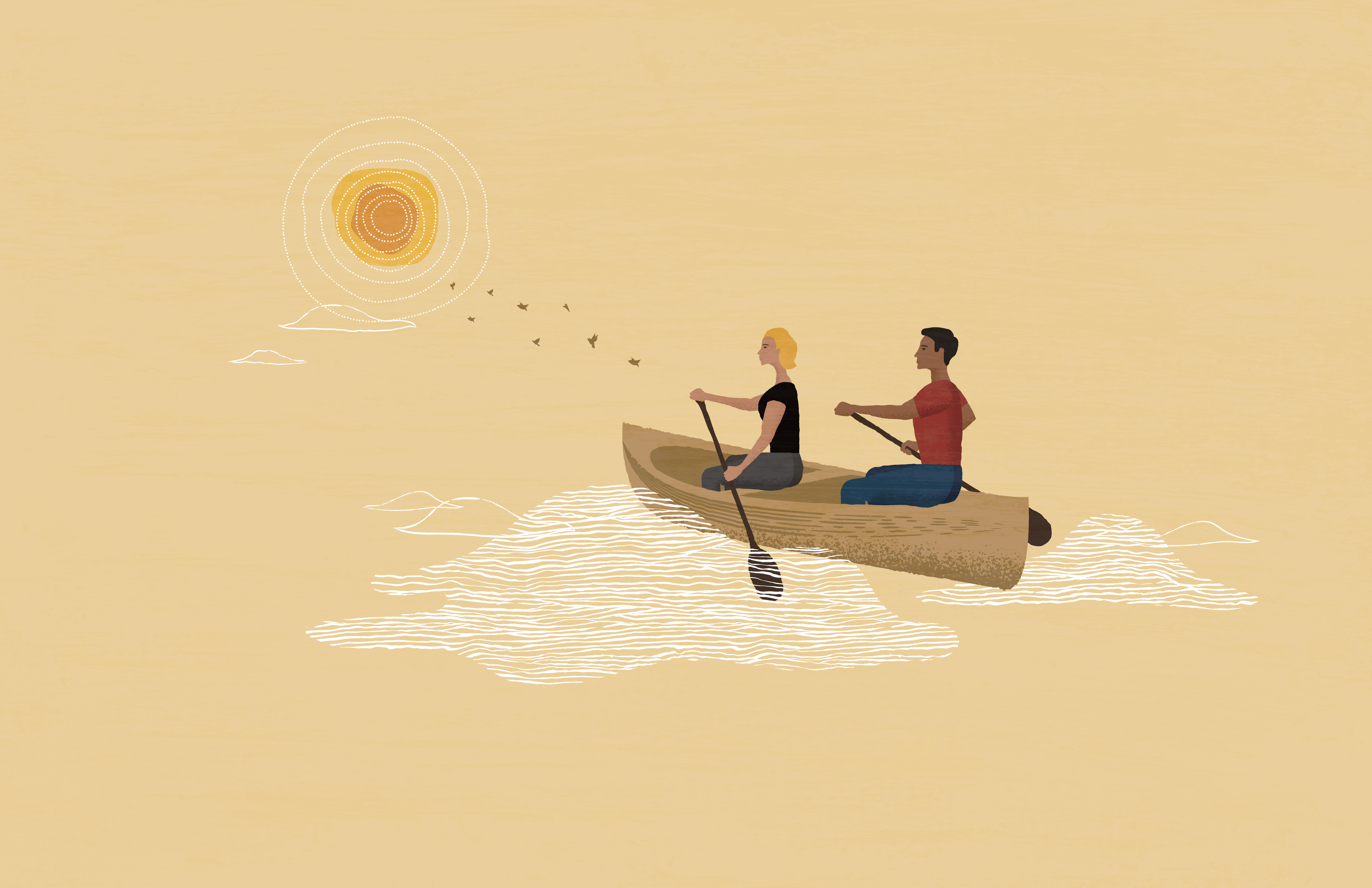 Two people paddle in a canoe toward the sun