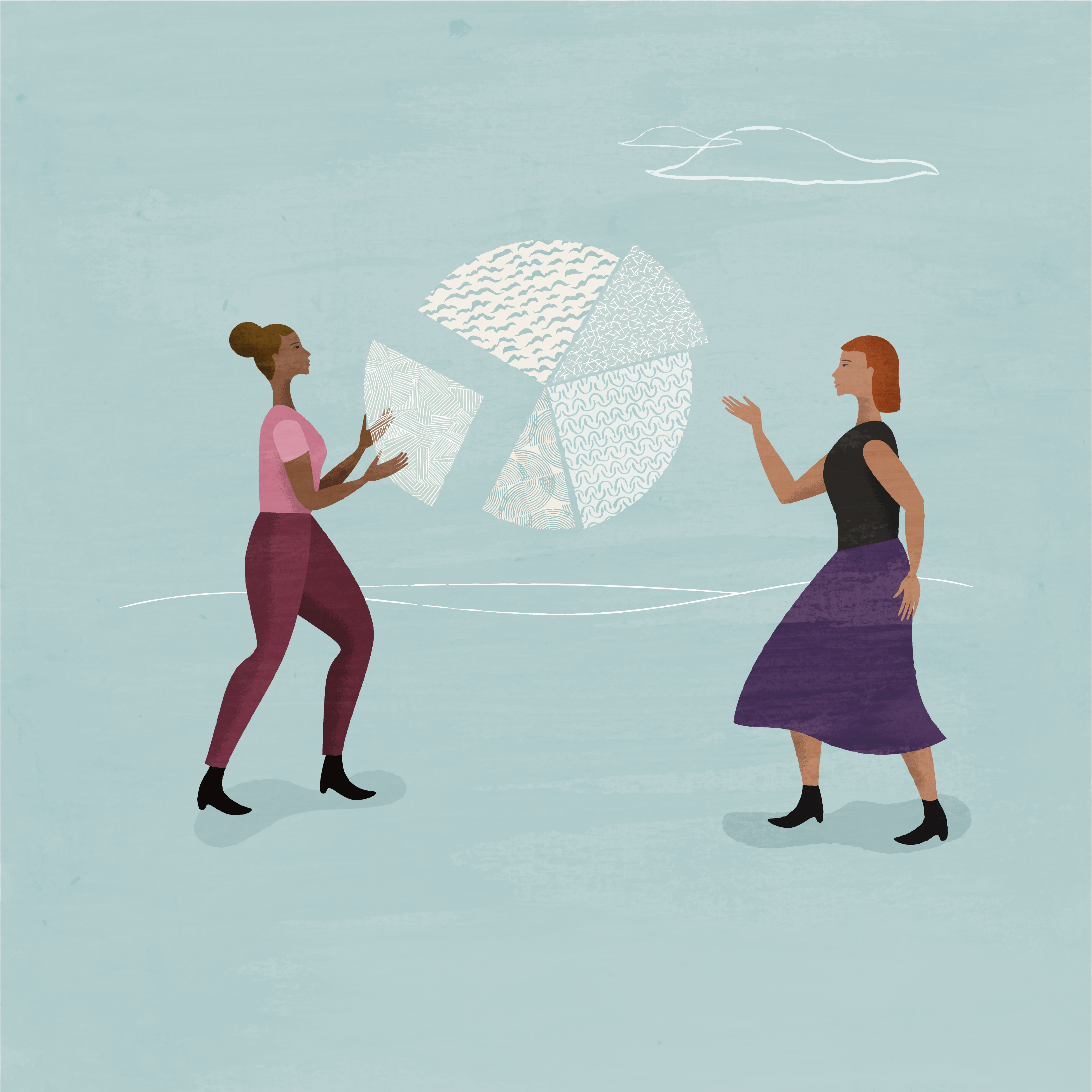 Two people review a pie chart made of cloud