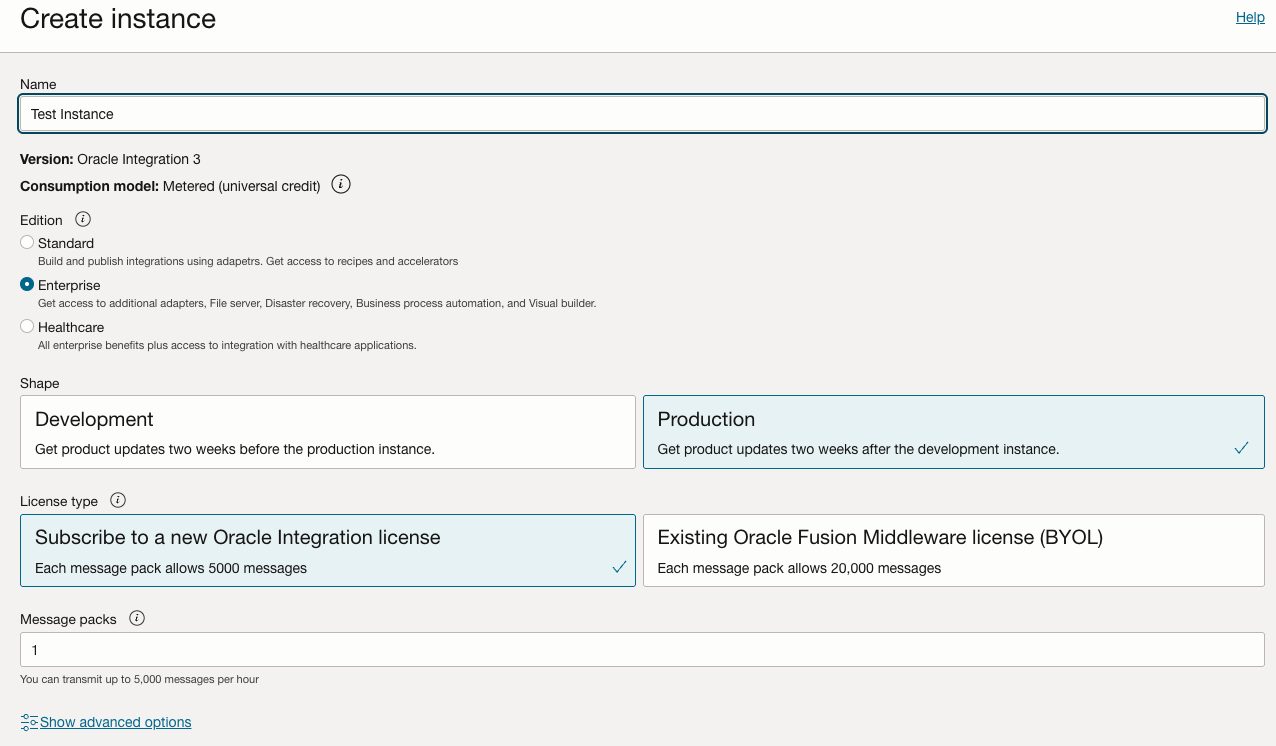 Create Instance Oracle Integration basic options