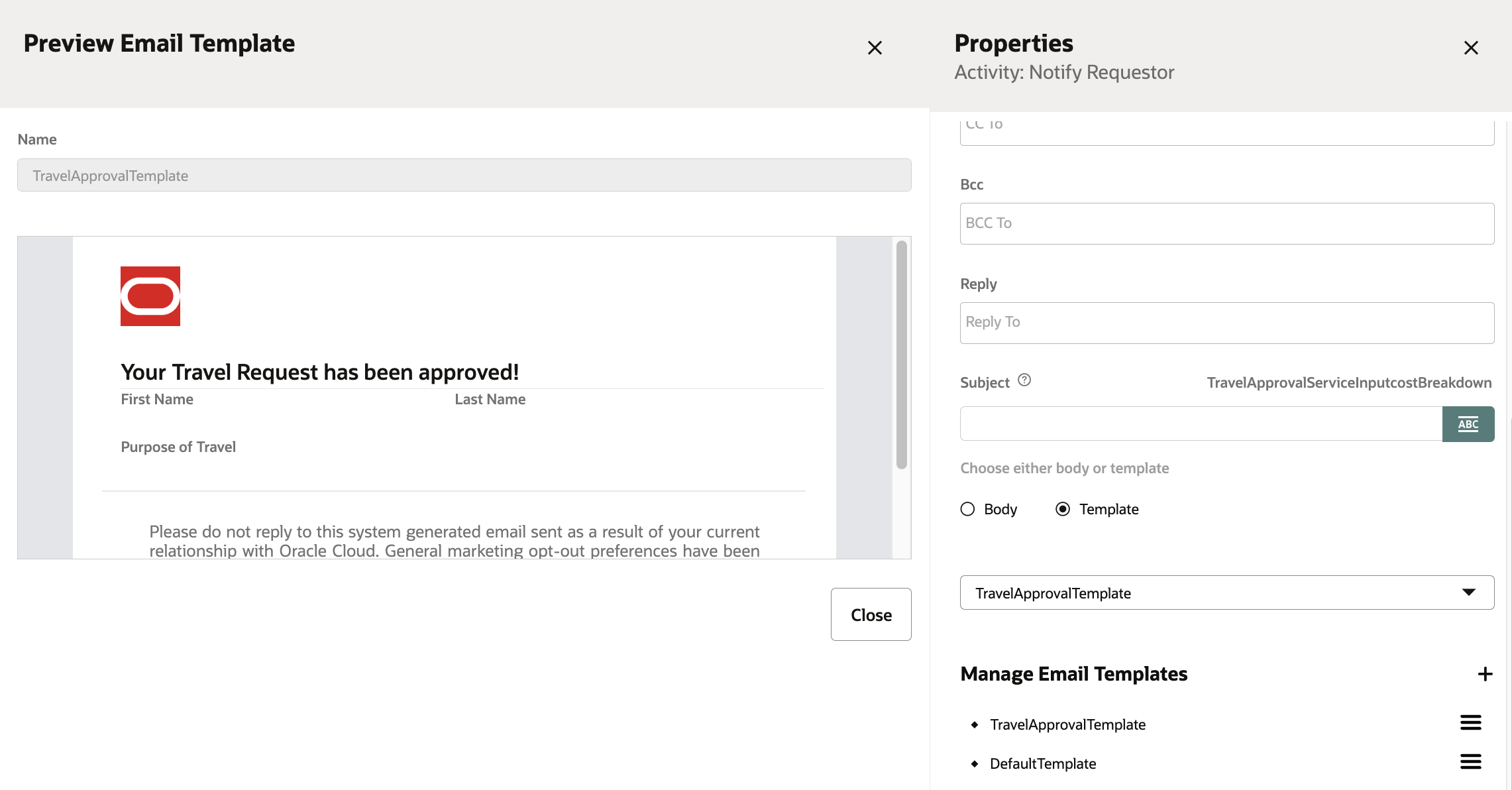 Above: Using email templates in Notification activity