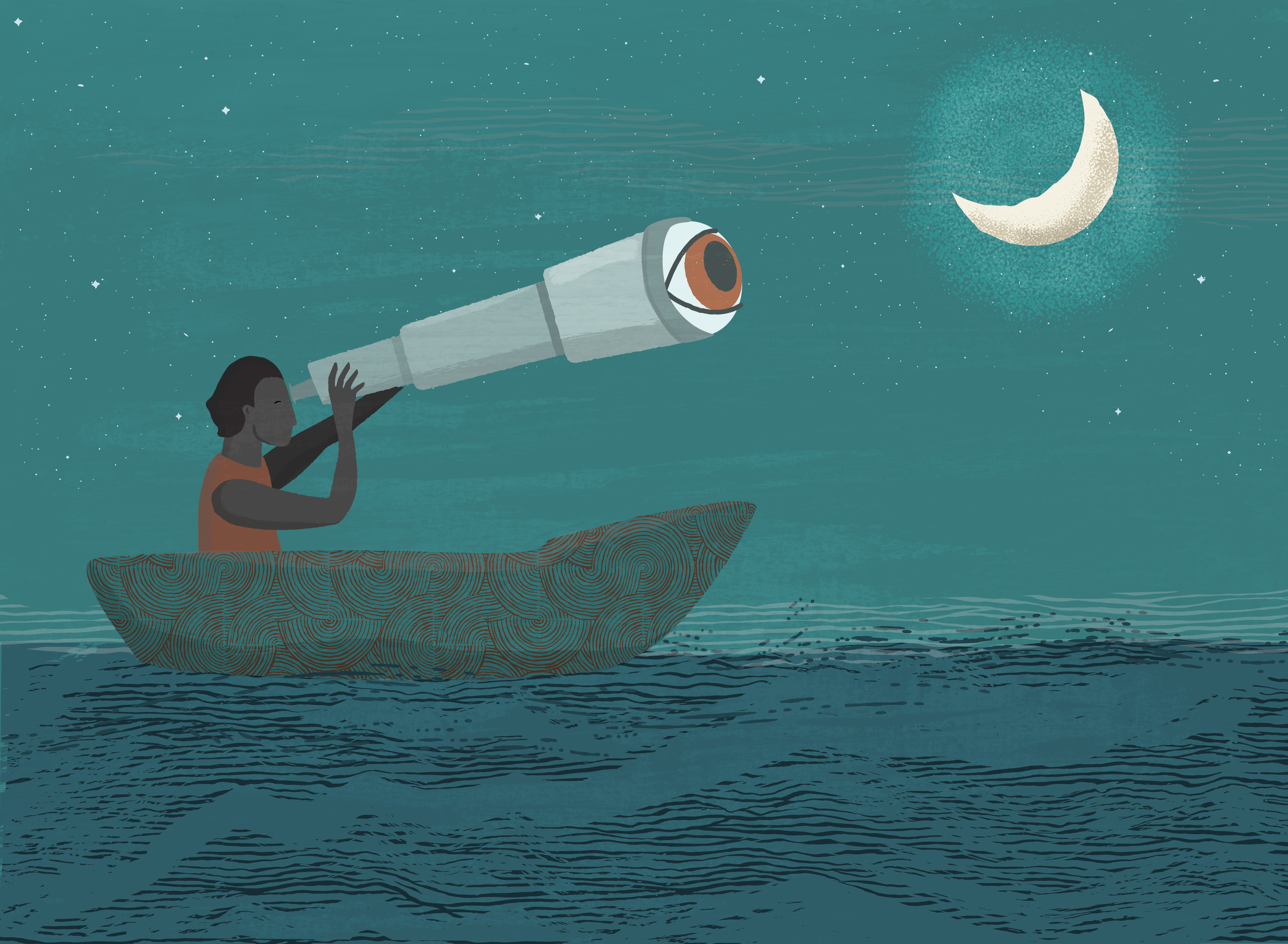 A person in a boat uses a nautical telescope to observe the moon