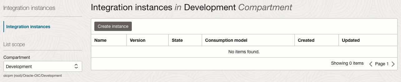 Oracle Integration instances screen