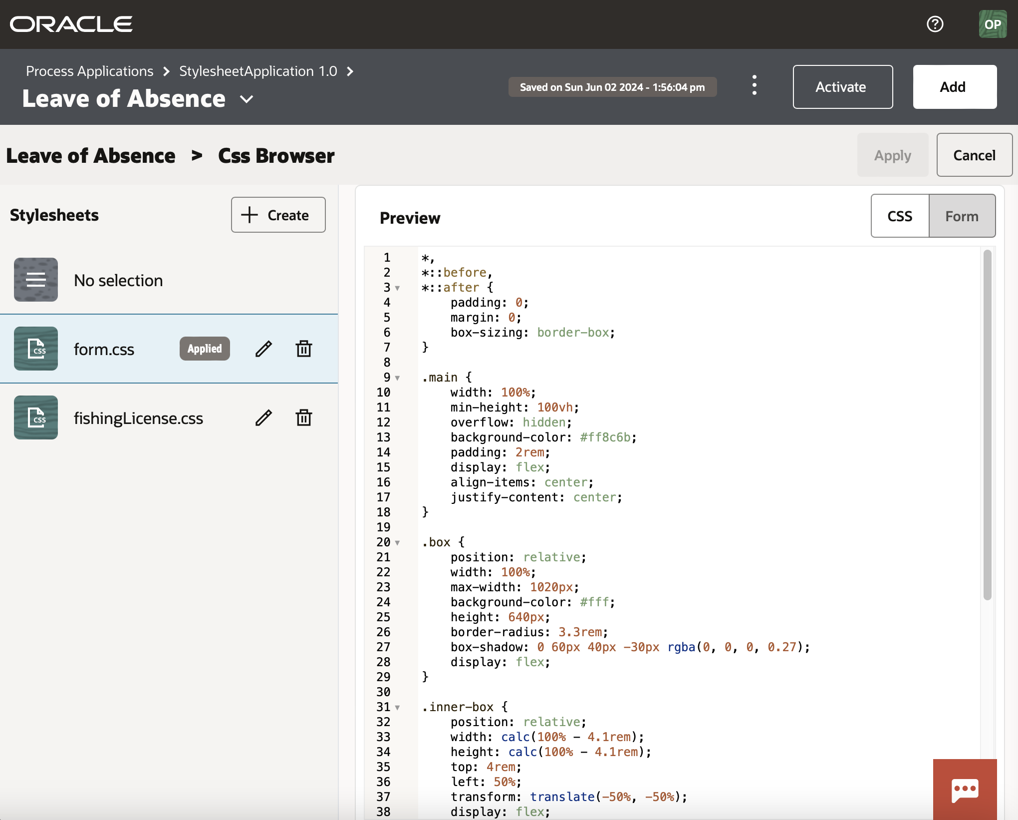 Above: Creating, Editing and Applying a CSS in OPA