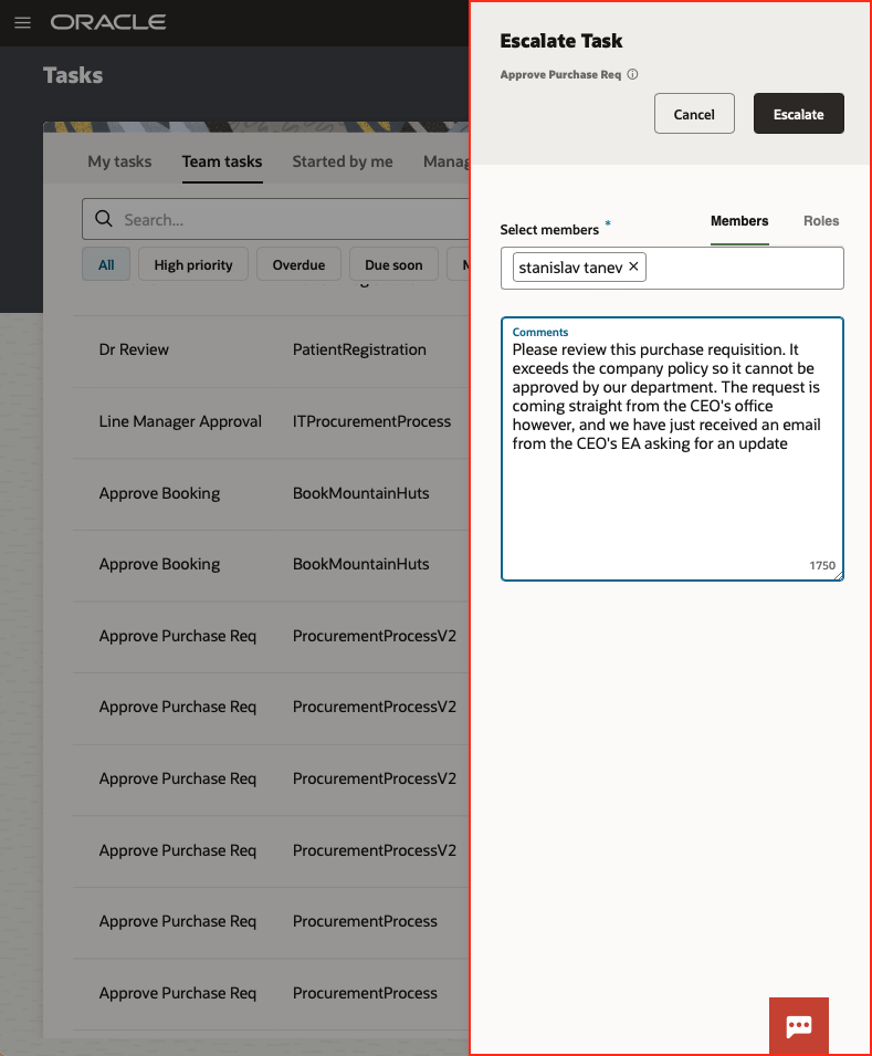 Manual Escalation performed in the workspace