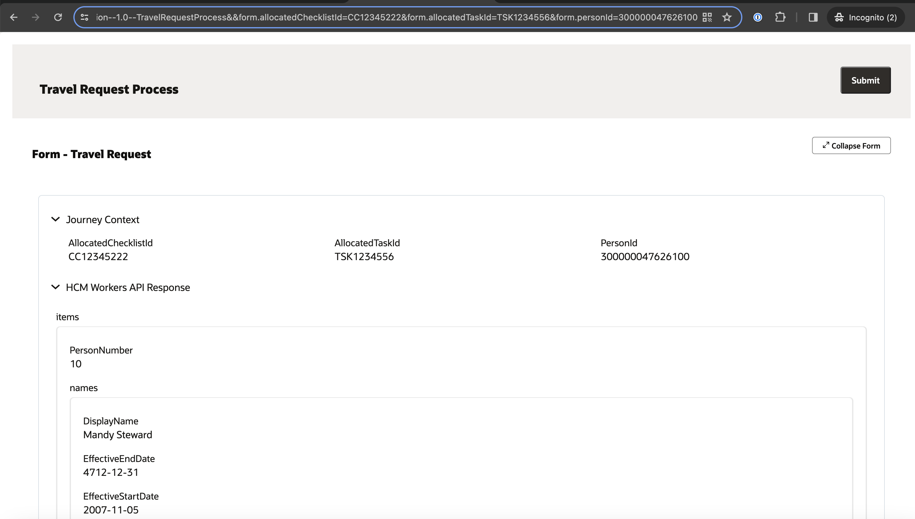 Above: An example of passing data to a start form via query paraments which are then used to in an on-load event to fetch additional data