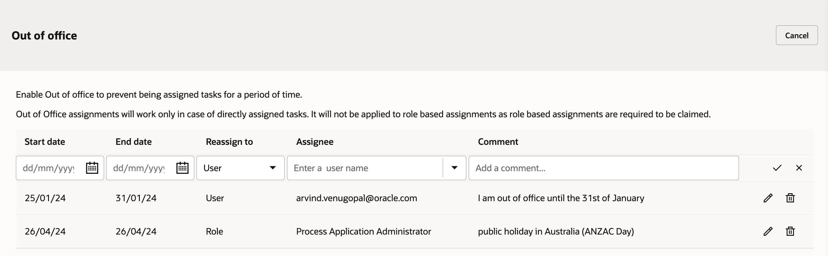 Out of office assignment in OPA