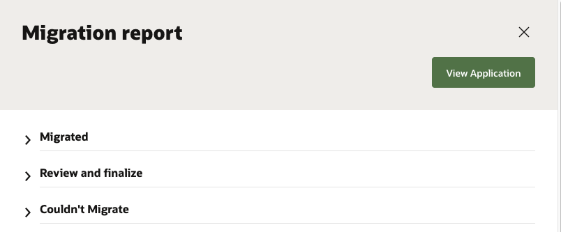 Migration Report, presented after importing a G2 application
