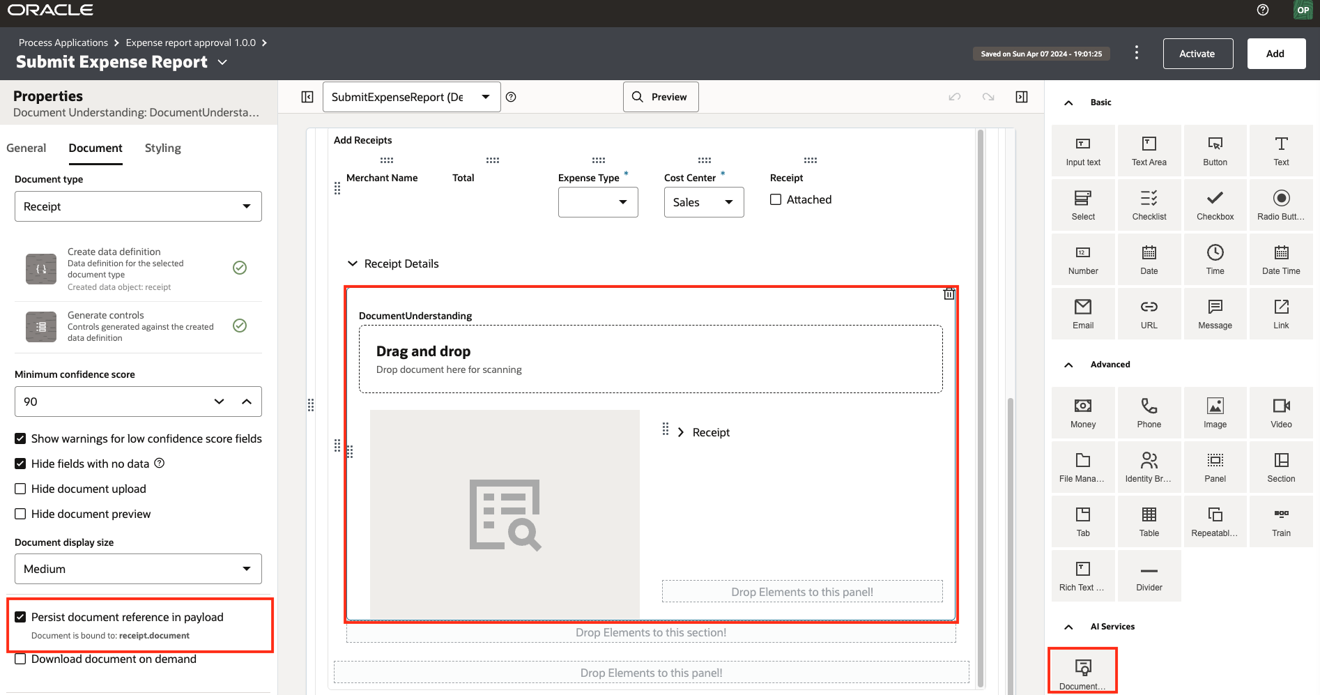 Designers can now optionally persist a document reference, so the document can later be viewed by other users in the process flow