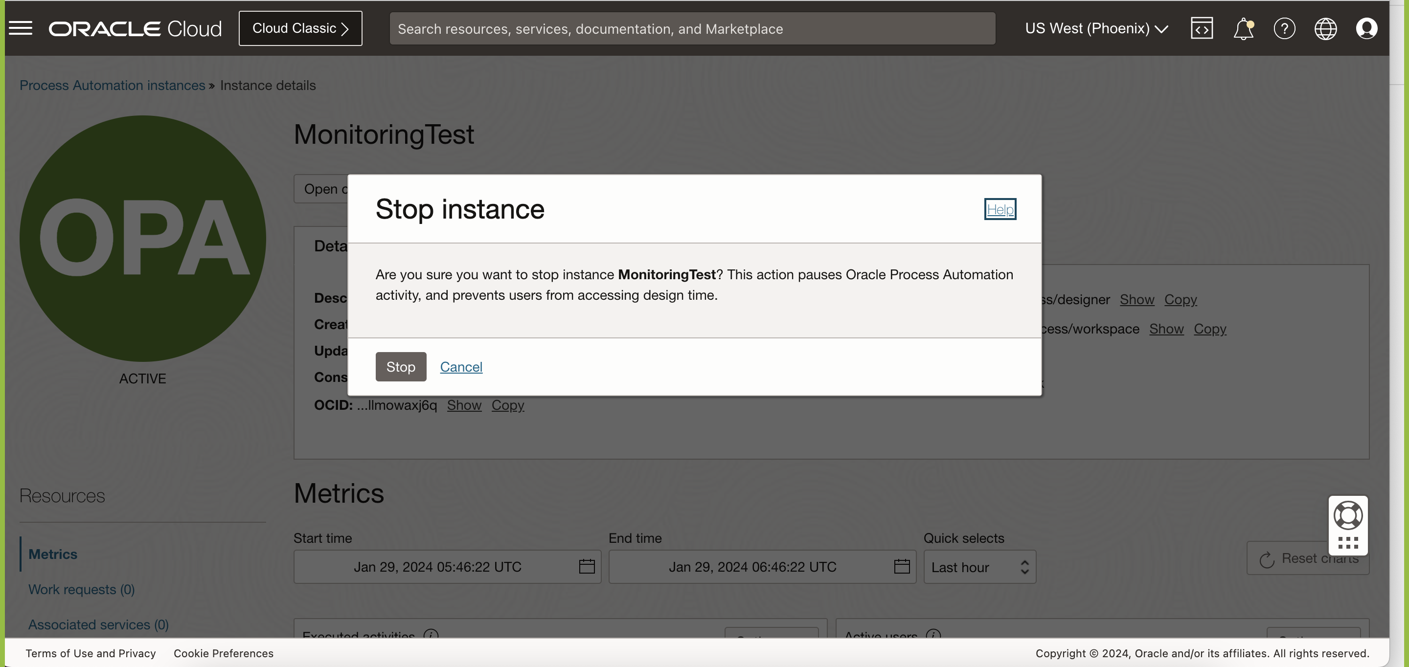 Stopping an OPA instance from the OCI Console