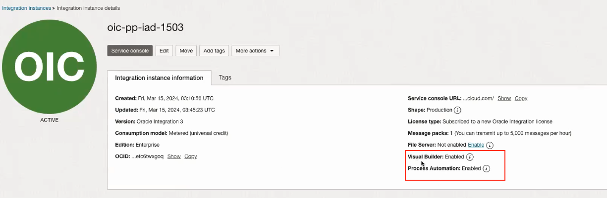 Enabling Visual Builder and OPA from the OCI Console